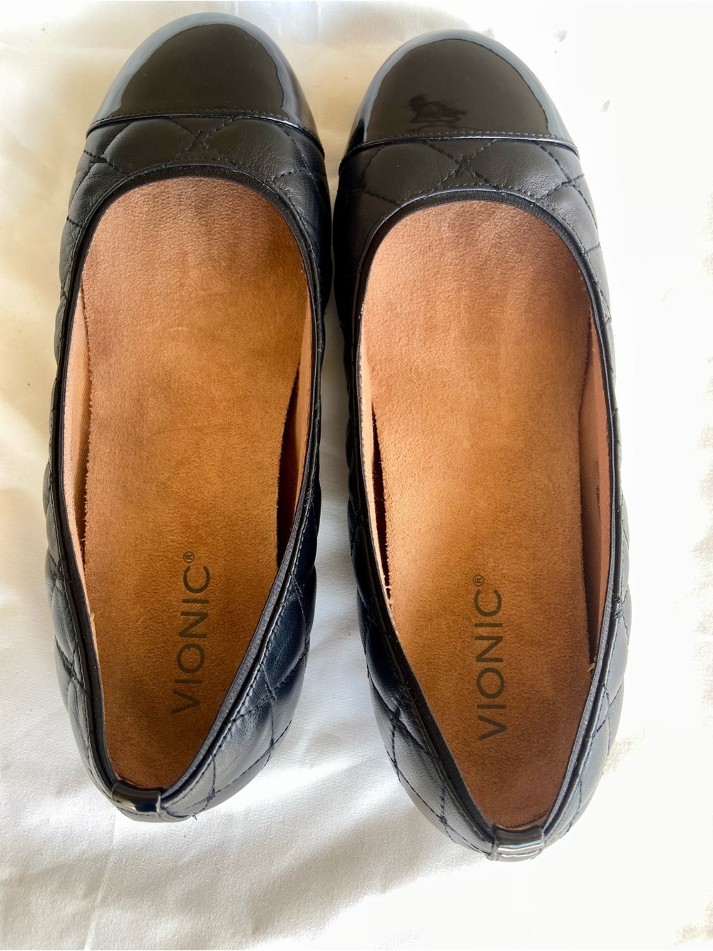 Vionic Desiree Quilted Flats with Patent Toes ,Black Womens Size 8